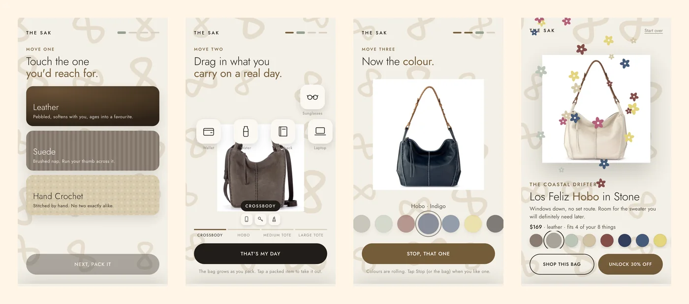 The Sak Find Your Los Feliz quiz: material, bag, colour, and result screens